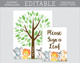 EDITABLE  Baby Shower Guest Book Sign - Safari Baby Shower Guest Book Tree Alternate - Safari Animal Themed Sign a Leaf Guestbook 0060