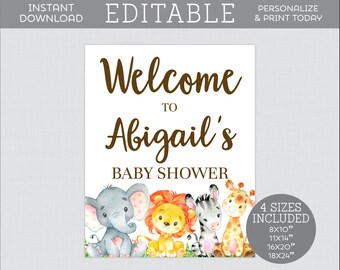 EDITABLE Safari Baby Shower Welcome Sign - Editable Welcome Sign or Poster for Safari Animal Themed Baby Shower Party, Elephant Giraffe 0060