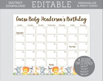 EDITABLE Birthday Prediction Calendar - Safari Baby Shower Birthday Prediction Calendar Activity, Editable Safari Animal Guess Birthday 0060