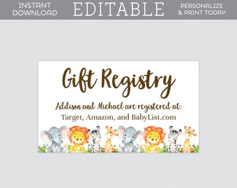 EDITABLE Safari Baby Shower Gift Registry Inserts - Safari Themed Registry Insert Template - Editable Safari Animal Registry Cards 0060