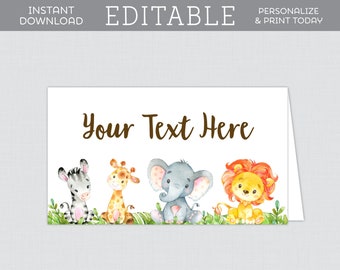 EDITABLE Tent Cards - Safari Baby Shower Food Tent Cards Template - Editable Safari Animal Themed Folded Place Cards, Elephant Giraffe 0060