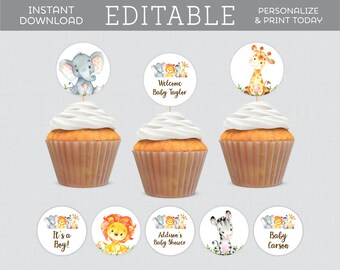 EDITABLE Safari Cupcake Toppers - Printable Safari Baby Shower Cupcake Topper Template - Safari Animal Themed Baby Cupcake Decor 0060