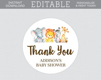 EDITABLE Baby Shower Stickers - Safari Baby Shower Stickers - Editable Safari Animal Themed Stickers Template, Elephant Giraffe Zebra 0060