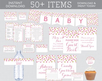 Pink and Gold Baby Shower Bundle - Over 50 Printable Games, Decorations, & Inserts - Pink Gold Glitter Polka Dot Baby Shower Package 0008-p