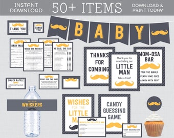 Gray and Yellow Mustache Baby Shower Bundle - 50+ Printable Activities, Games, Decorations, Inserts, Signs, Little Man Themed Package 0002-Y