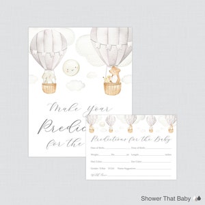 Tarjetas de predicción de baby shower con globo aerostático gris - Juego de estadísticas de bebé con temática imprimible Up and Away Adivina el cumpleaños del bebé, peso 0079-G