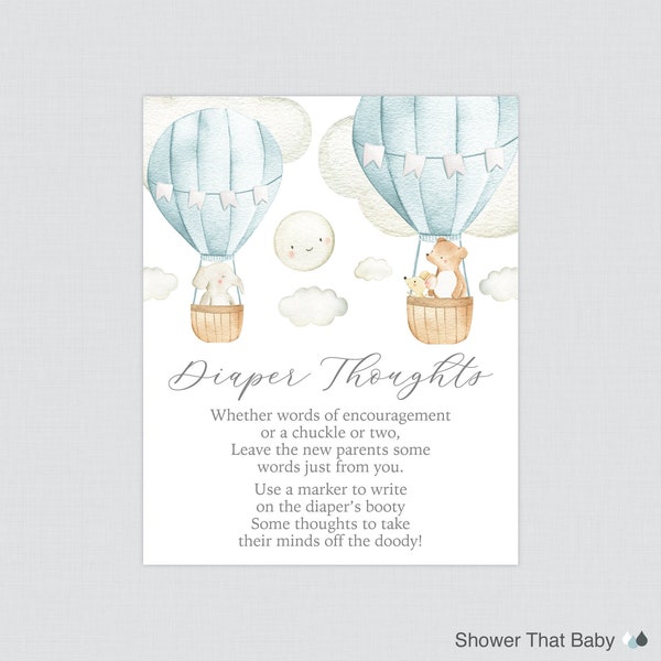 Blue Hot Air Balloon Baby Shower Diaper Thoughts Game imprimable - Up and Away Write on Diaper Message Activity, Words for Wee Hours 0079-B