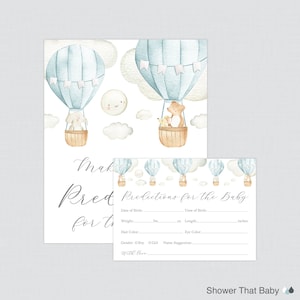 Tarjetas de predicción de baby shower con globo aerostático azul - Juego de estadísticas para bebés con temática imprimible Up and Away Adivina el cumpleaños del bebé, peso 0079-B