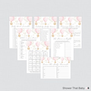 Pink Hot Air Balloon Baby Shower Games Package - Seven Printable Games: Bingo, Price is Right, Purse Game, Nursery Rhyme, Up and Away 0079-P
