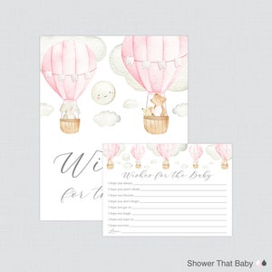 Deseos de globo aerostático rosa para la actividad de baby shower - Imprimible Pink Up and Away Temáticos buenos deseos para tarjetas de bebé y letrero 0079-P