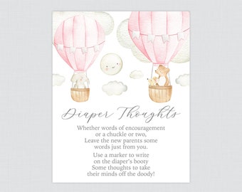 Pink Hot Air Balloon Baby Shower Diaper Thoughts Game Printable - Up and Away Write on Diaper Message Activity, Words for Wee Hours 0079-P