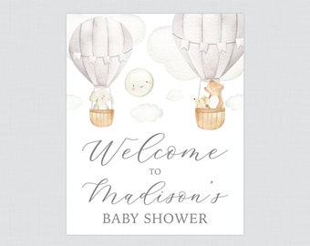 Gray Hot Air Balloon Baby Shower Welcome Sign Printable - Personalized Up and Away Shower Welcome Sign - Grey Shower Customized Sign 0079-G