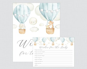 Blue Hot Air Balloon Wishes for Baby Shower Activity - Printable Blue Up Up and Away Themed Well Wishes for Baby Cards and Sign 0079-B