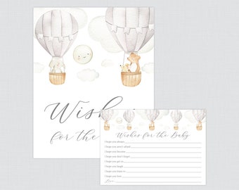 Gray Hot Air Balloon Wishes for Baby Shower Activity - Printable Grey Up Up and Away Themed Well Wishes for Baby Cards and Sign 0079-G