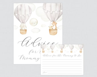 Gray Hot Air Balloon Advice for Mommy to Be Cards and Sign - Printable Gray Up and Away Baby Shower Advice for Mom OR Parents to Be, 0079-G