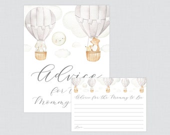 Gray Hot Air Balloon Advice for Mommy to Be Cards and Sign - Printable Gray Up and Away Baby Shower Advice for Mom OR Parents to Be, 0079-G