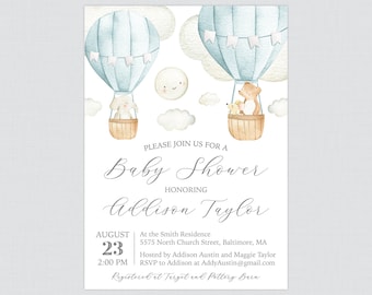 May include: A baby shower invitation with a blue and white watercolor design featuring hot air balloons, clouds, and animals. The text reads "Please join us for a Baby Shower honoring Addison Taylor. August 23, 2:00 PM. At the Smith Residence, 5575 North Church Street, Baltimore, MA. Hosted by Addison Austin and Maggie Taylor. RSVP to Addison at AddyAustin@gmail.com. Registered at Target and Pottery Barn."