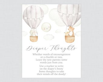 Gray Hot Air Balloon Baby Shower Diaper Thoughts Game Printable - Up and Away Write on Diaper Message Activity, Words for Wee Hours 0079-G