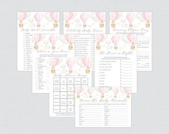 Pink Hot Air Balloon Baby Shower Games Package - Seven Printable Games: Bingo, Price is Right, Purse Game, Nursery Rhyme, Up and Away 0079-P