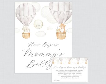 Gray Hot Air Balloon How Big Is Mommy's Belly Game - Printable Up & Away Themed Baby Shower Belly Guessing Activity, Guess Belly Size 0079-G