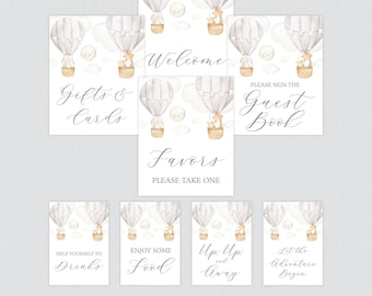 Printable Hot Air Balloon Baby Shower Table Signs in Gray - EIGHT Signs! Welcome Sign, Favors Sign etc - Grey Up and Away Table Signs 0079-G