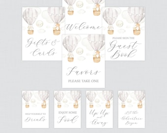 Printable Hot Air Balloon Baby Shower Table Signs in Gray - EIGHT Signs! Welcome Sign, Favors Sign etc - Grey Up and Away Table Signs 0079-G