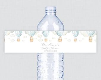 Printed OR Printable Blue Hot Air Balloon Water Bottle Labels - Hot Air Balloon Themed Baby Shower Water Bottle Labels - Personalized 0079-b