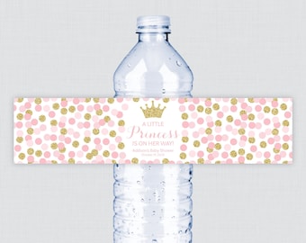 Printed OR Printable Pink and Gold Princess Water Bottle Labels - Pink Gold Princess Themed Baby Shower Water Bottle Labels 0070-g