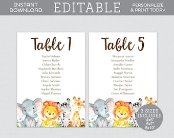 EDITABLE Table Seating Signs - 4x6, 5x7 or 8x10" Sized Table Seating Signs for Safari Baby Shower - Seating Chart Cards Safari Animal 0060