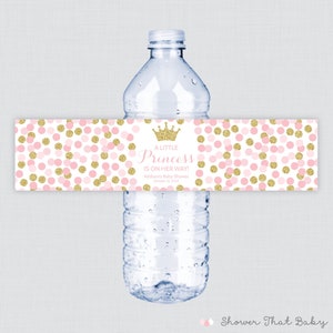 Printed OR Printable Pink and Gold Princess Water Bottle Labels - Pink Gold Princess Themed Baby Shower Water Bottle Labels 0070-g