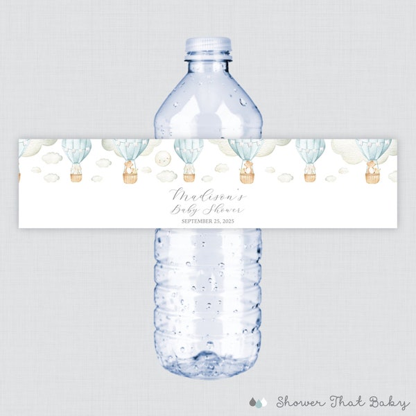 Printed OR Printable Blue Hot Air Balloon Water Bottle Labels - Hot Air Balloon Themed Baby Shower Water Bottle Labels - Personalized 0079-b