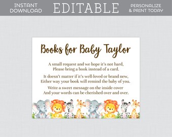 EDITABLE Safari Baby Shower Bring a Book Cards - Editable Bring a Book Insert Cards - Safari Animal Themed Book Insert Template 0060