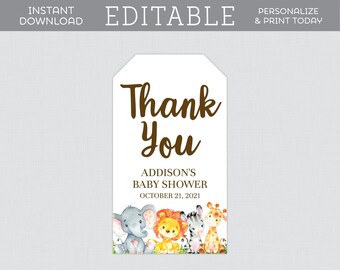 EDITABLE Baby Shower Gift Tags - Safari Baby Shower Gift Tags Template - Editable Safari Animal Themed Favor Tags - Elephant Thank You 0060