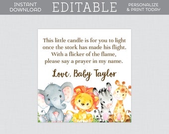 EDITABLE Baby Shower Candle Tags - Safari Baby Shower Candle Favor Tag Template - Editable Safari Animal Themed Favor Tags Elephant - 0060