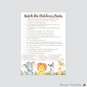 Safari Baby Children's Book Match Game Printable - Safari Animal Themed Match the Children's Book Quotes Quiz - Instant Download 0060