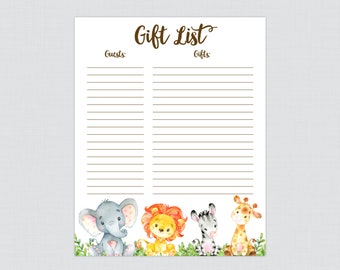 Safari Gift List - Printable Instant Download Safari Gift and Guest List Recording Sheet - Safari Animal Themed Gift List Elephant Lion 0060