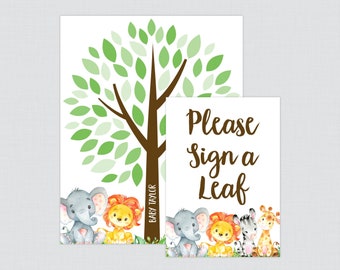 Safari Animal Baby Shower Guest Book - Safari Baby Shower Guest Book Alternate - Safari Themed Sign a Leaf Poster Sign - Elephant Lion 0060