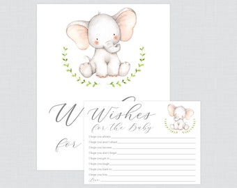 Watercolor Elephant Wishes for Baby Activity - Printable Well Wishes for Baby Cards and Sign - Neutral Gray Elephant Themed Wishes 0080-E