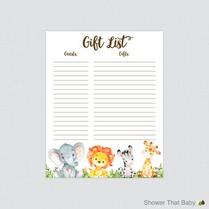 May include: Printable gift list with the text "Gift List" at the top. The list is divided into two columns labeled "Guests" and "Gifts". The bottom of the page features a row of cartoon animals including an elephant, lion, zebra, and giraffe.
