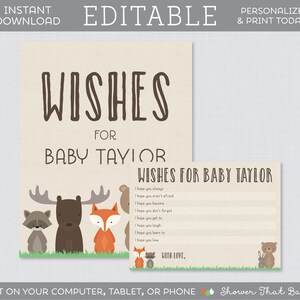 BEWERKBARE Woodland Baby Shower Wensen voor babykaarten en teken - Bewerkbare wensen voor babyactiviteit - Woodland Animal Themed Wishes Cards 0010