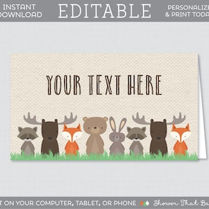 Tarjetas de tienda EDITABLES - Plantilla de tarjetas de tienda de comida para baby shower del bosque - Tarjetas de lugar plegadas con temática de animales del bosque editables Fox Moose Bear 0010
