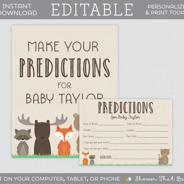 EDITABLE Predictions for Baby Cards and Sign - Woodland Baby Shower Predictions for Baby Activity - Woodland Animal Themed Predict Card 0010