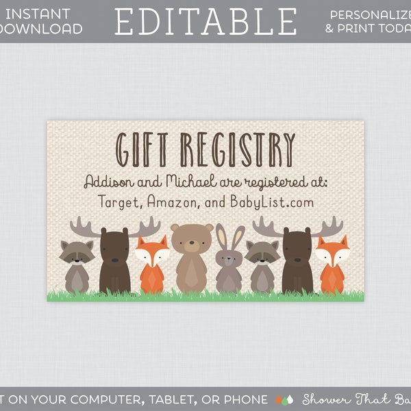 EDITABLE Baby Shower Gift Registry Inserts - Woodland Baby Shower Registry Insert Template - Editable Woodland Animal Themed Registry 0010