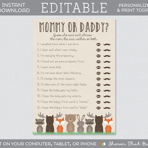 EDITABLE Woodland Baby Shower Mommy or Daddy Quiz - Editable Baby Shower He Said She Said Game - Woodland Animal Themed Parents Quiz 0010