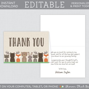 Cartes de remerciement Woodland modifiables - modèle de carte de remerciement pliée imprimable - Woodland Animal sur le thème Baby Shower Merci cartes Fox 0010