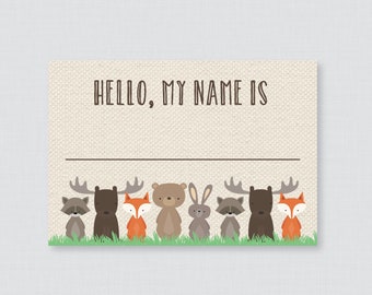 Printable Woodland Name Tag Stickers - Woodland Themed Baby Shower Name Tag Labels - Woodland Animal Hello, My Name Is Stickers - Fox 0010