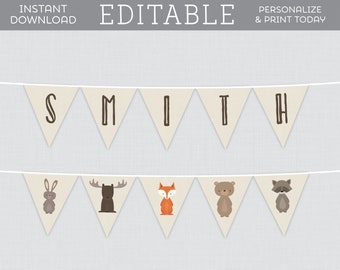 EDITABLE Woodland Banner - Printable Woodland Baby Shower Triangle Banner - Woodland Animal Themed Triangle Bunting Banner Decoration 0010