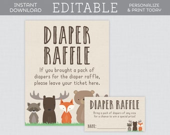 EDITABLE Diaper Raffle Tickets and Sign - Woodland Baby Shower Diaper Raffle Template - Editable Woodland Animal Themed Diaper Raffle 0010