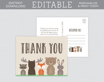 EDITABLE Woodland Thank You Postcards - Printable Thank You Postcard Template - Woodland Animal Themed Baby Shower Thank You Post Cards 0010