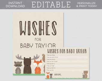 EDITABLE Woodland Baby Shower Wishes for Baby Cards and Sign - Editable Wishes for Baby Activity - Woodland Animal Themed Wishes Cards 0010